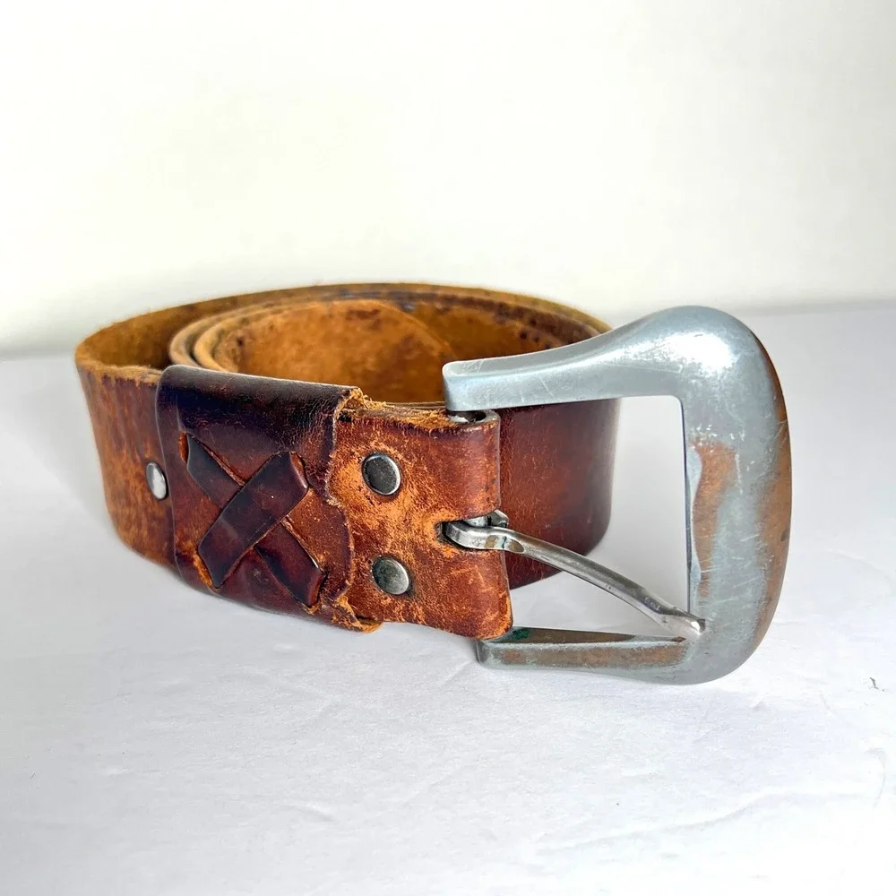Mens Leather Belt Distressed Brown Silver Buckle Western Cowboy Style Size‎ 36